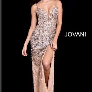 NWT Jovani Silver Nude Plunging Neckline/Slit gown